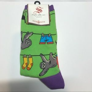 Sloth Socks. Green and purple colors.